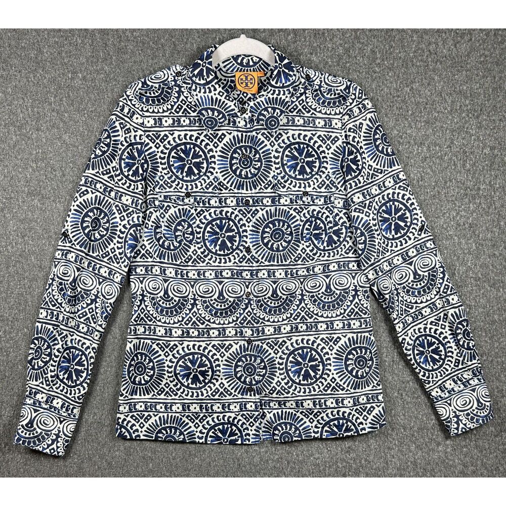 Tory Burch Blue White Medallion Roll-Tab Sleeve Cotton Button Up Shirt Blouse 8